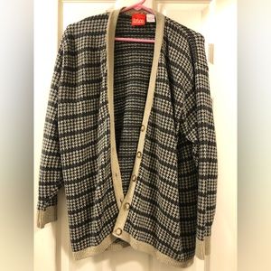 Thick blue and tan woven cardigan sweater